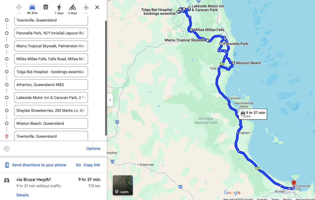 Itinéraire de 2 jours dans les Athertons Tablelands depuis Townsville sur Google Maps